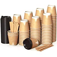 Los mejores  - 100 Kraft Vasos Desechables 240 ml de Doble Pared de Café para Llevar - Vasos Carton con Tapas y Agitadores de Madera…